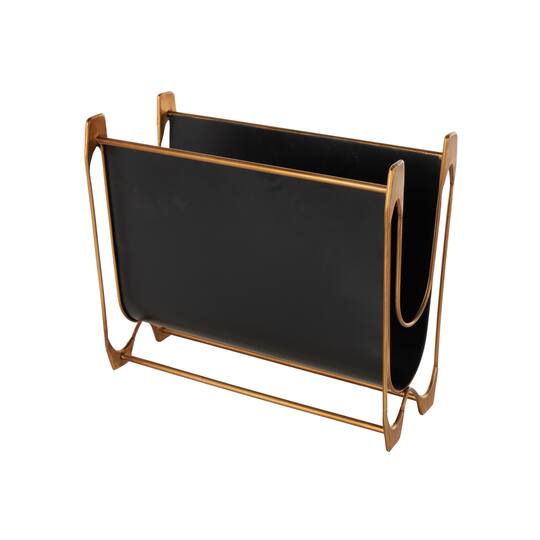 15" Black Metal Curved Magazine Holder with Brass Stand